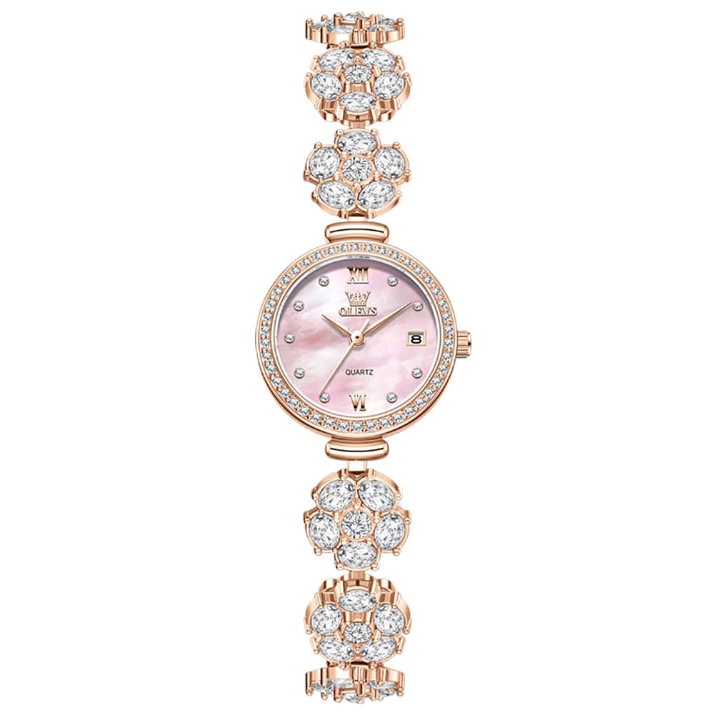 OLEVS Women Spinning Flower Watch Peach Blossom Crystal Mother of Pearl Date Quartz 5638 - Olevs Watch Store