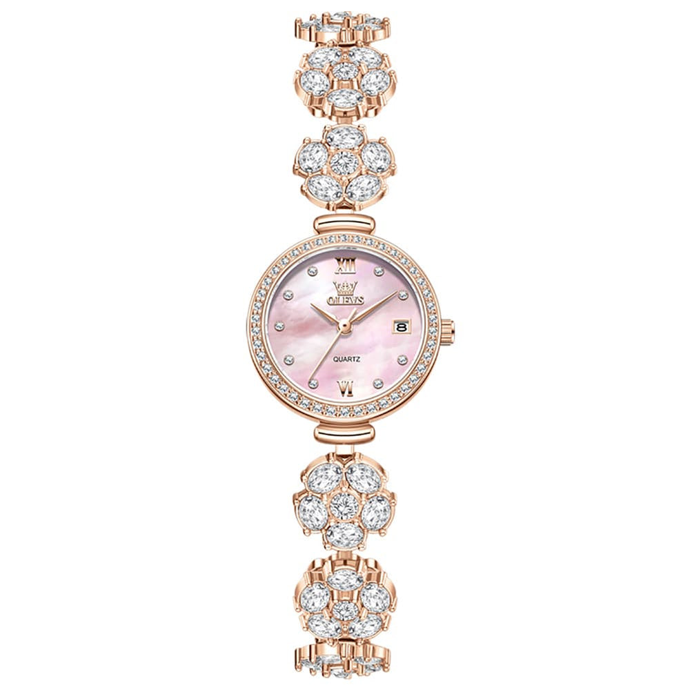 OLEVS Women Spinning Flower Watch Peach Blossom Crystal Mother of Pearl Date Quartz 5638 - Olevs Watch Store