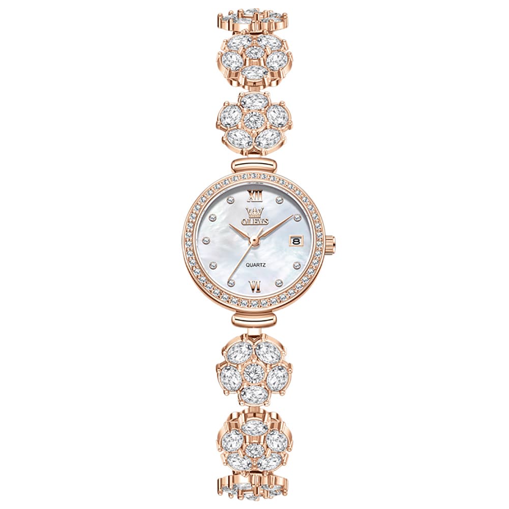 OLEVS Women Spinning Flower Watch Peach Blossom Crystal Mother of Pearl Date Quartz 5638 - Olevs Watch Store