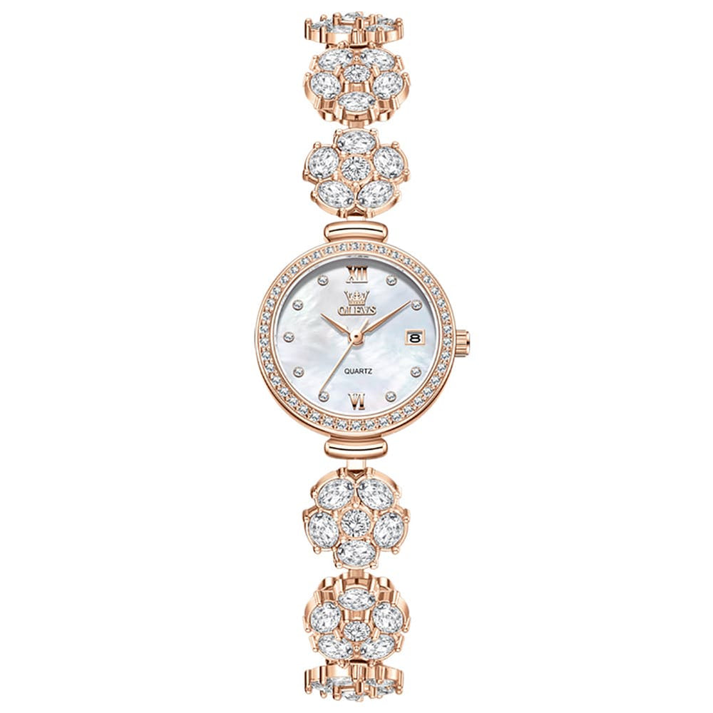 OLEVS Women Spinning Flower Watch Peach Blossom Crystal Mother of Pearl Date Quartz 5638 - Olevs Watch Store