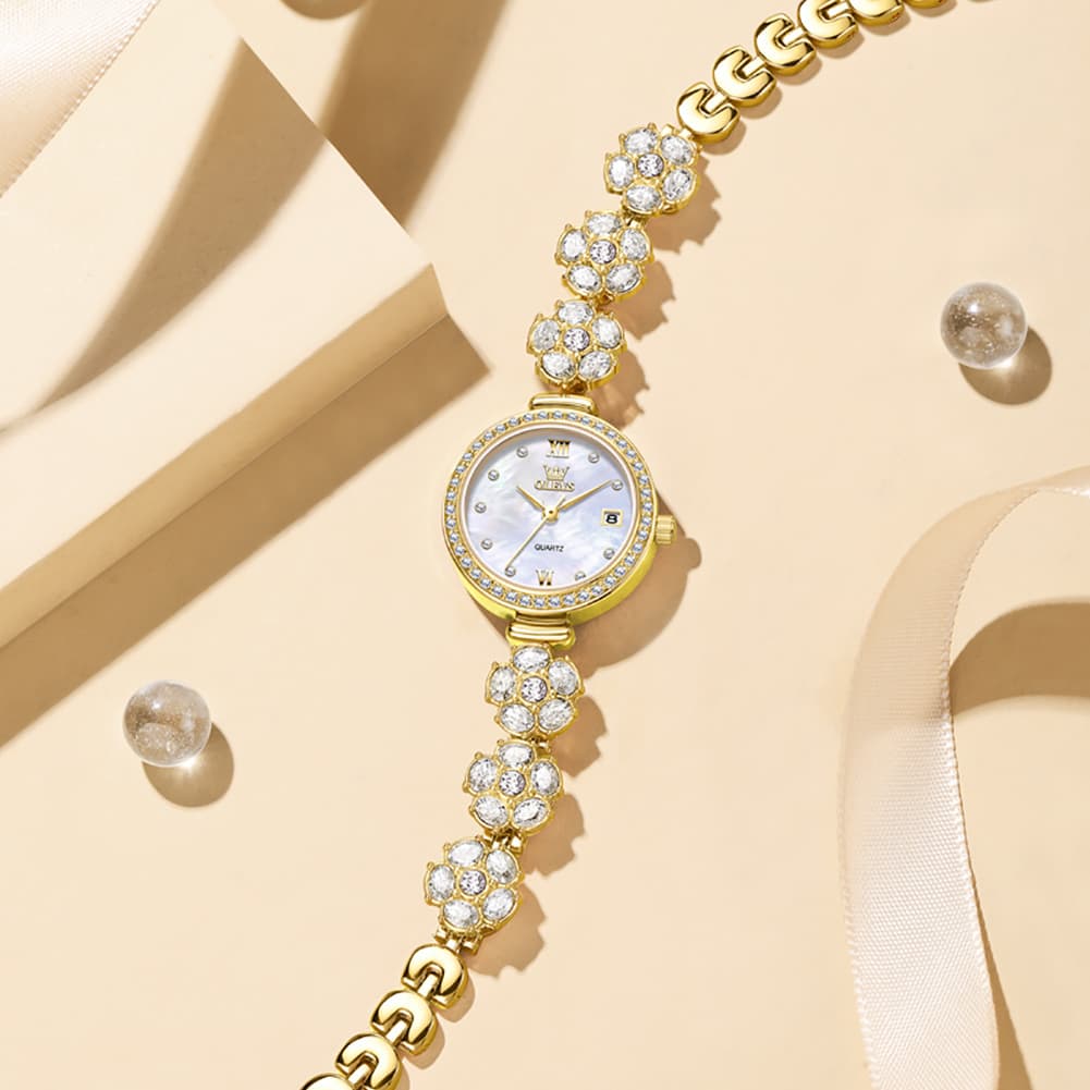OLEVS Women Spinning Flower Watch Peach Blossom Crystal Mother of Pearl Date Quartz 5638 - Olevs Watch Store