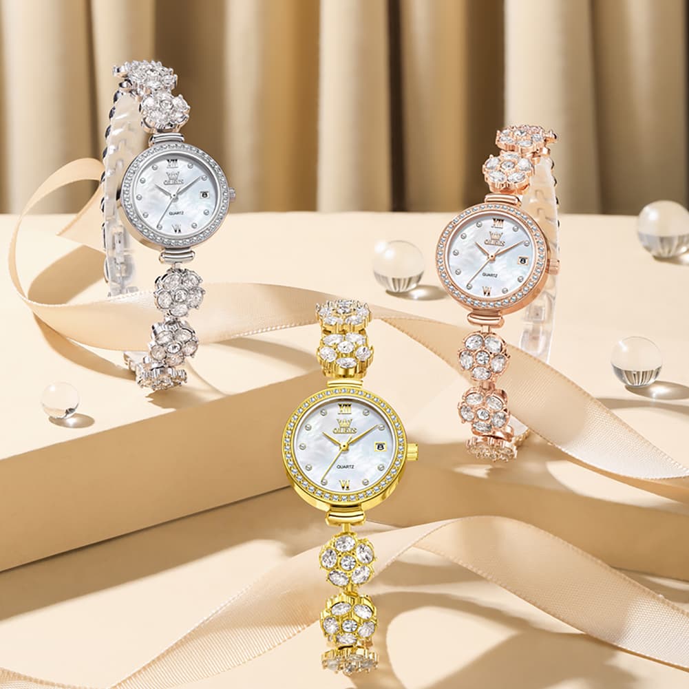 OLEVS Women Spinning Flower Watch Peach Blossom Crystal Mother of Pearl Date Quartz 5638 - Olevs Watch Store