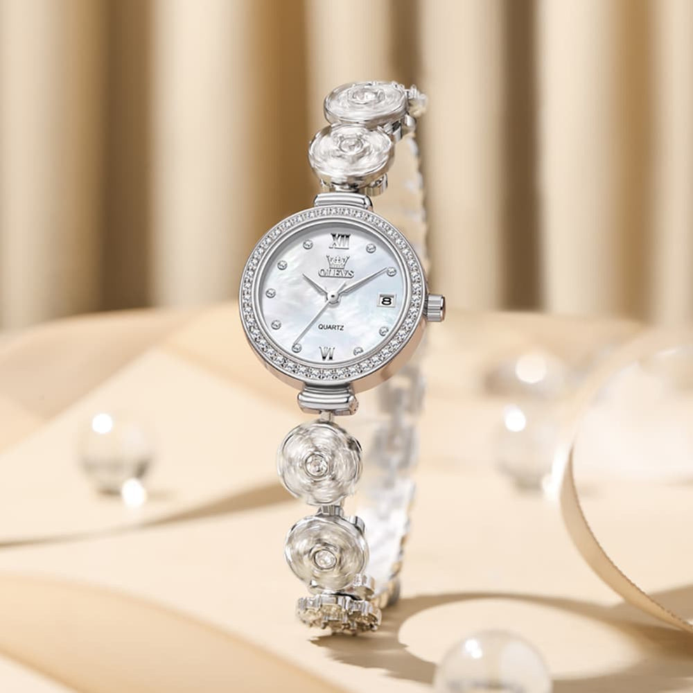 OLEVS Women Spinning Flower Watch Peach Blossom Crystal Mother of Pearl Date Quartz 5638 - Olevs Watch Store