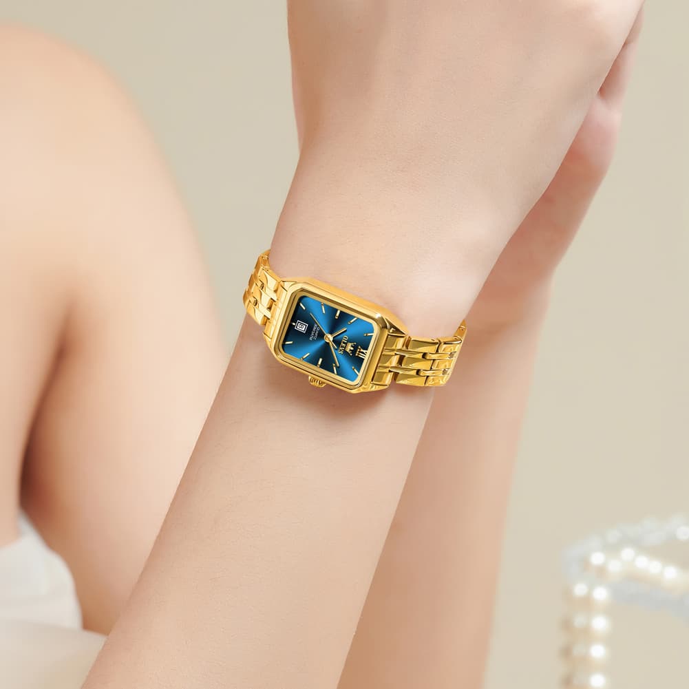 OLEVS Women Square Dress Watch Retro Gold Stainless Steel Date Quartz 5616 - All Gold Watch | Olevs Watch Store