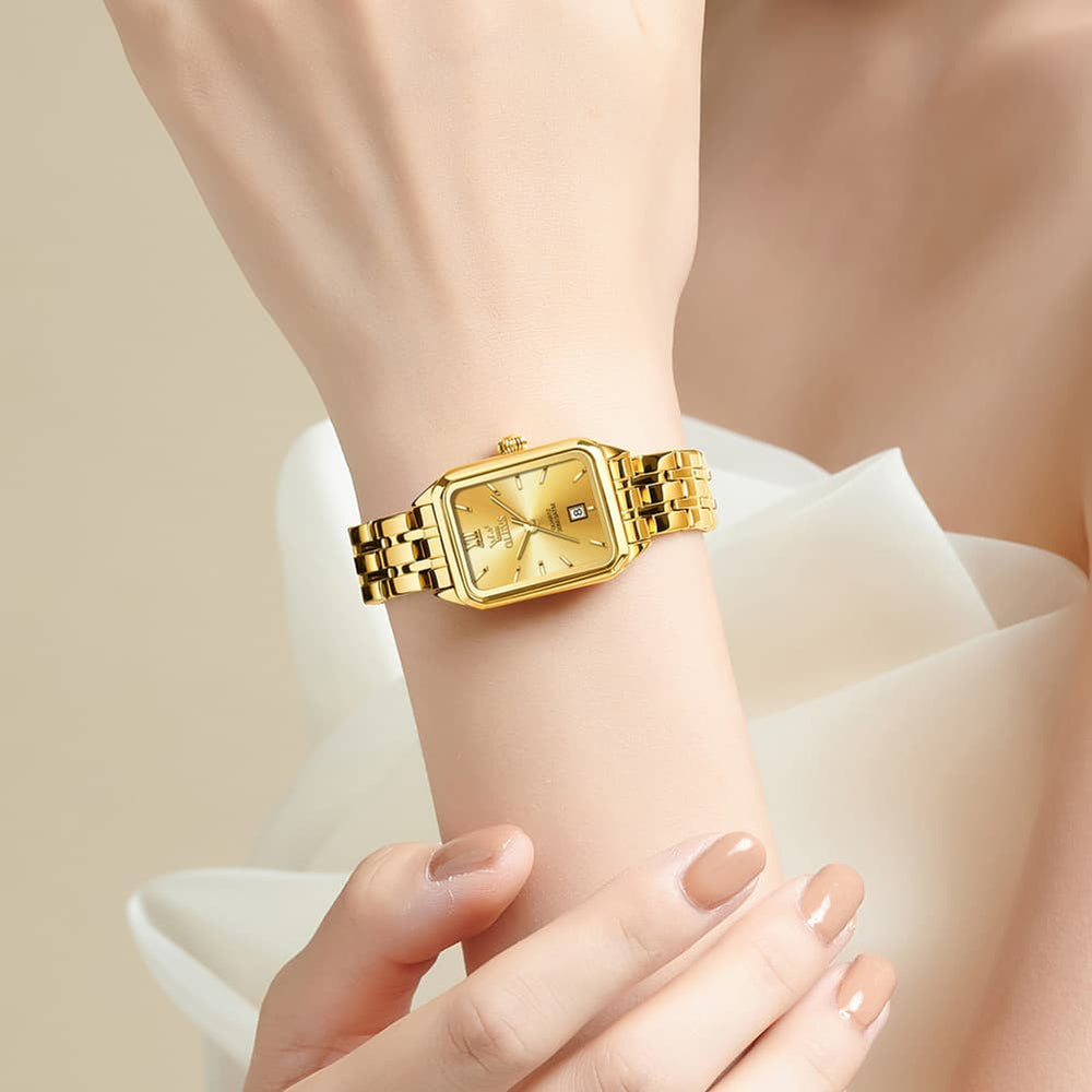 OLEVS Women Square Dress Watch Retro Gold Stainless Steel Date Quartz 5616 - All Gold Watch | Olevs Watch Store