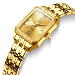 OLEVS Women Square Dress Watch Retro Gold Stainless Steel Date Quartz 5616 - All Gold Watch | Olevs Watch Store