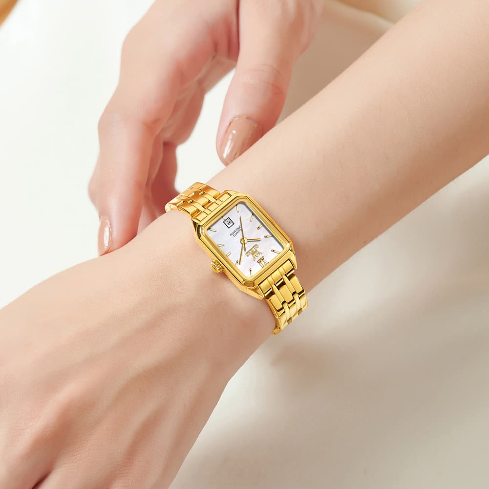 OLEVS Women Square Dress Watch Retro Gold Stainless Steel Date Quartz 5616 - All Gold Watch | Olevs Watch Store