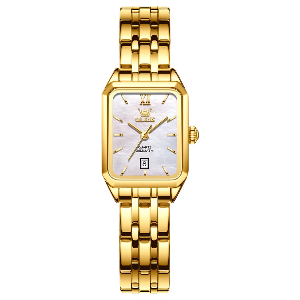 OLEVS Women Square Dress Watch Retro Gold Stainless Steel Date Quartz 5616 - All Gold Watch | Olevs Watch Store
