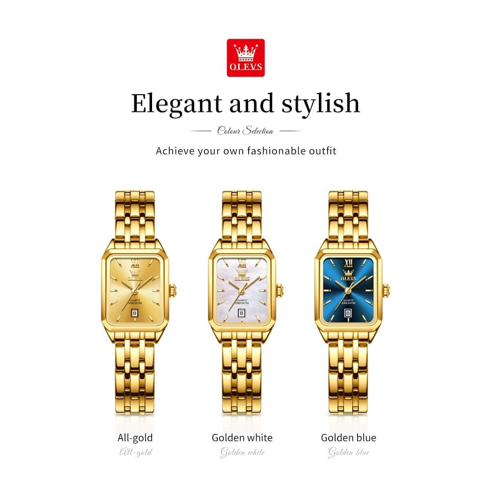 OLEVS Women Square Dress Watch Retro Gold Stainless Steel Date Quartz 5616 - All Gold Watch | Olevs Watch Store