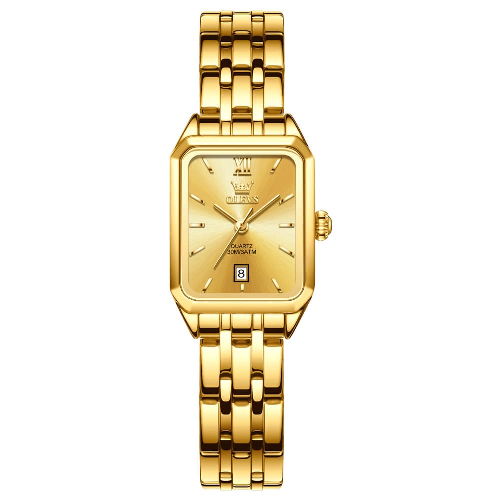 OLEVS Women Square Dress Watch Retro Gold Stainless Steel Date Quartz 5616 - All Gold Watch | Olevs Watch Store