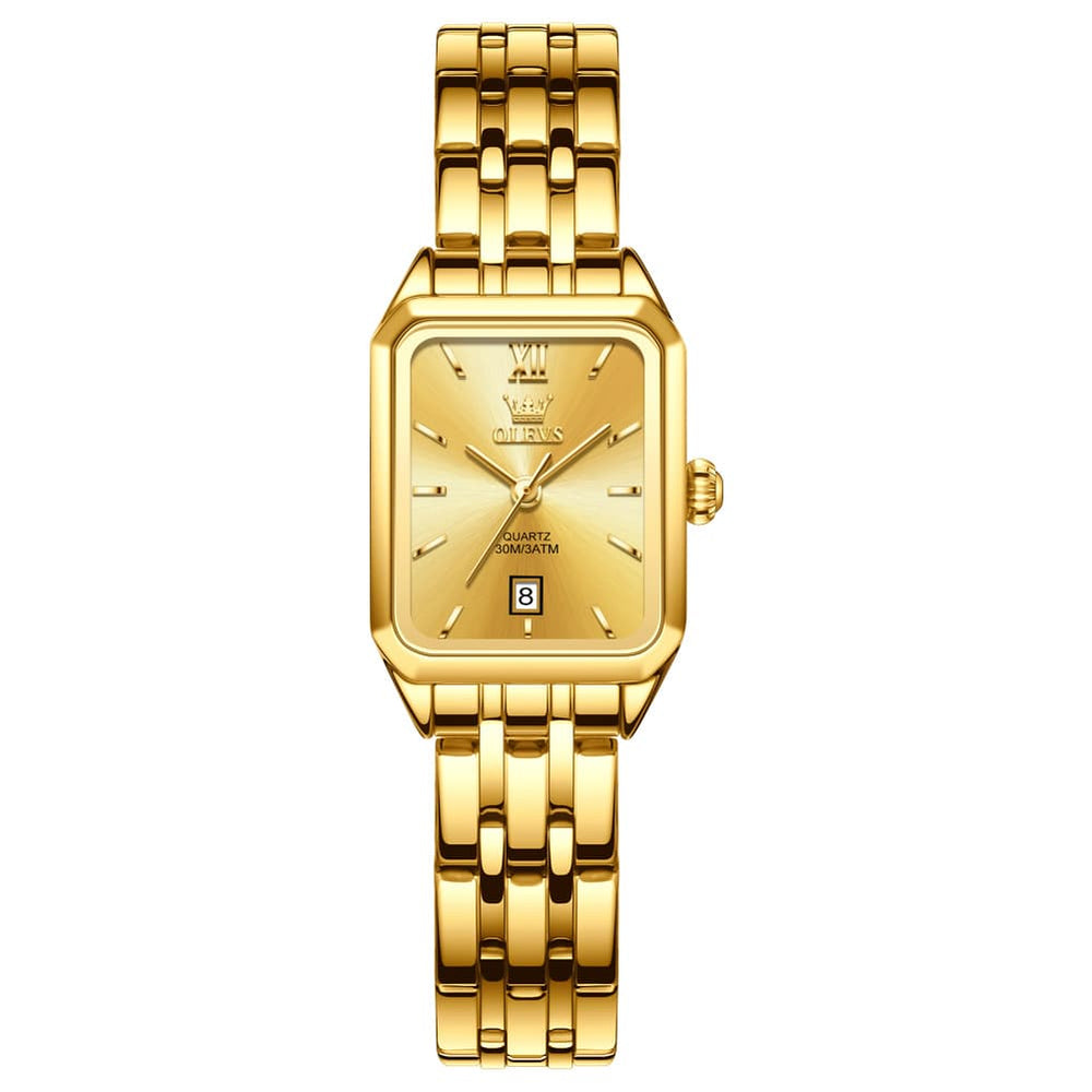 OLEVS Women Square Dress Watch Retro Gold Stainless Steel Date Quartz 5616 - All Gold Watch | Olevs Watch Store