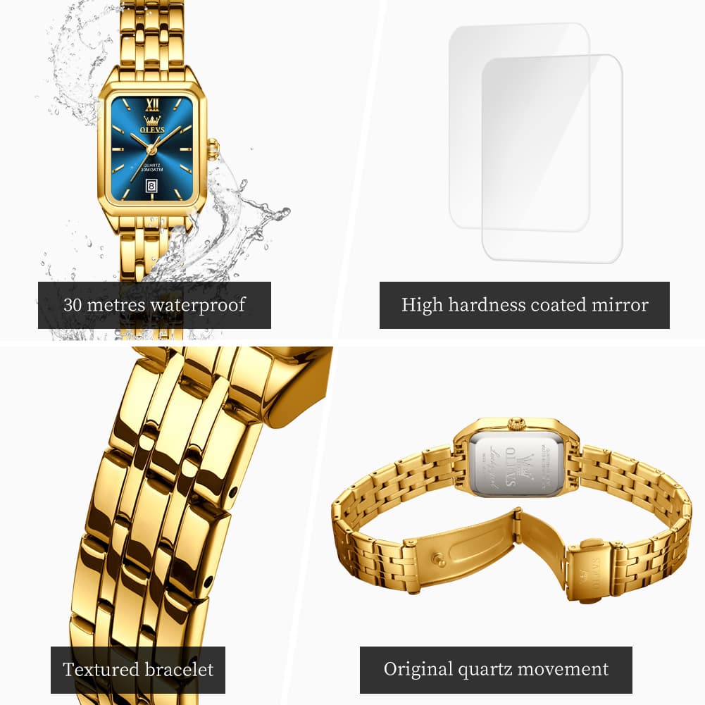 OLEVS Women Square Dress Watch Retro Gold Stainless Steel Date Quartz 5616 - All Gold Watch | Olevs Watch Store