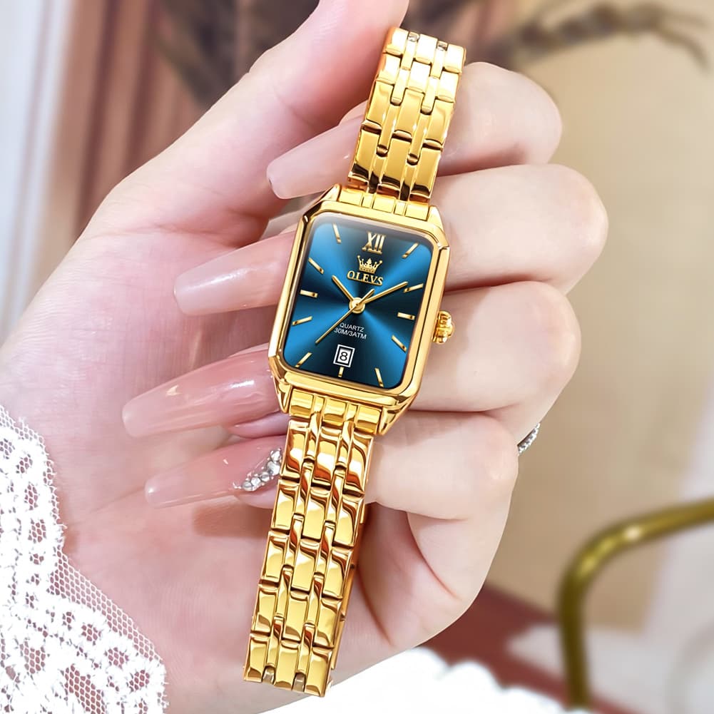 OLEVS Women Square Dress Watch Retro Gold Stainless Steel Date Quartz 5616 - All Gold Watch | Olevs Watch Store