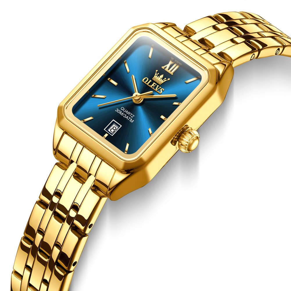 OLEVS Women Square Dress Watch Retro Gold Stainless Steel Date Quartz 5616 - Gold Blue Dial Watch | Olevs Watch Store