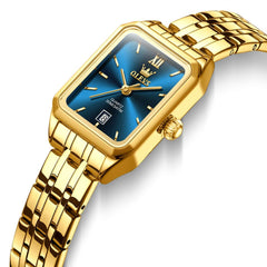 OLEVS Women Square Dress Watch Retro Gold Stainless Steel Date Quartz 5616 - Gold Blue Dial Watch | Olevs Watch Store