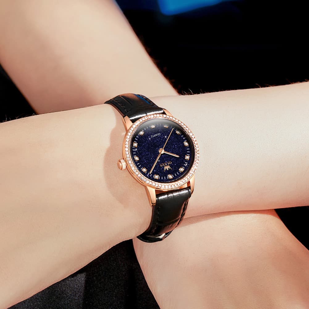 OLEVS Women Starry Sky Watch Diamond Bezel Leather Strap Quartz 5605 - Gold Black Leather Watch | Olevs Watch Store
