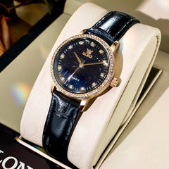 OLEVS Women Starry Sky Watch Diamond Bezel Leather Strap Quartz 5605 - Gold Black Leather Watch | Olevs Watch Store