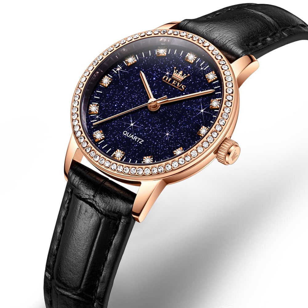 OLEVS Women Starry Sky Watch Diamond Bezel Leather Strap Quartz 5605 - Gold Black Leather Watch | Olevs Watch Store