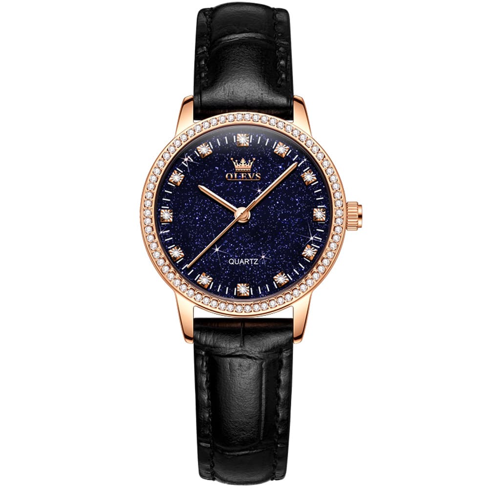 OLEVS Women Starry Sky Watch Diamond Bezel Leather Strap Quartz 5605 - Gold Black Leather Watch | Olevs Watch Store