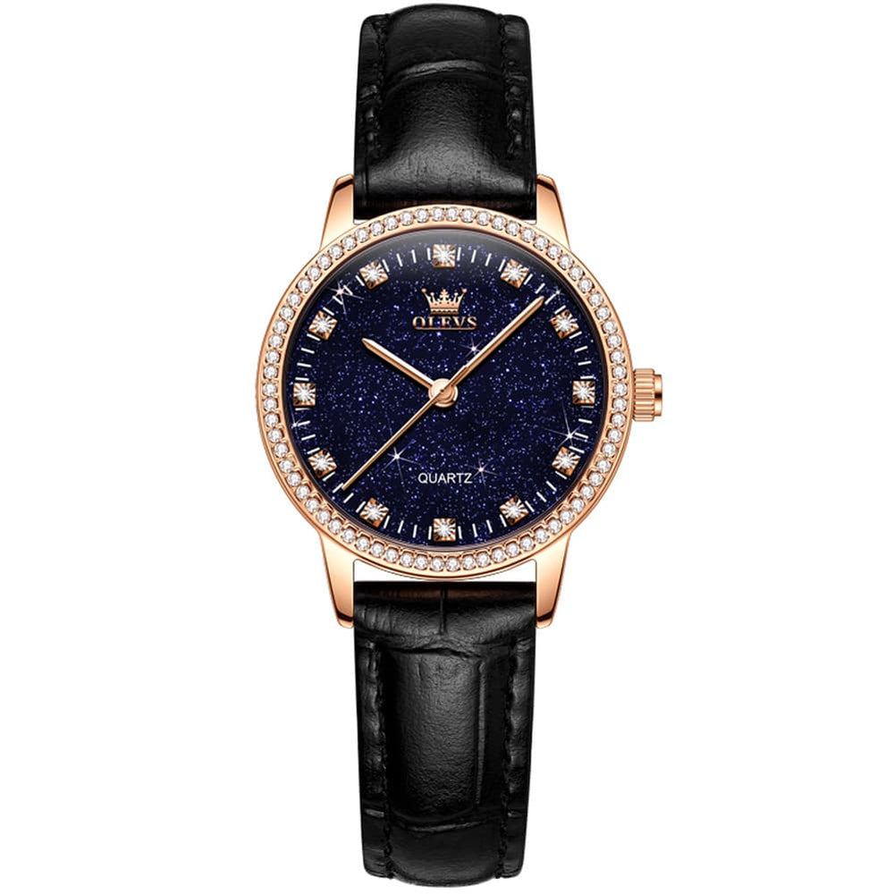 OLEVS Women Starry Sky Watch Diamond Bezel Leather Strap Quartz 5605 - Gold Black Leather Watch | Olevs Watch Store