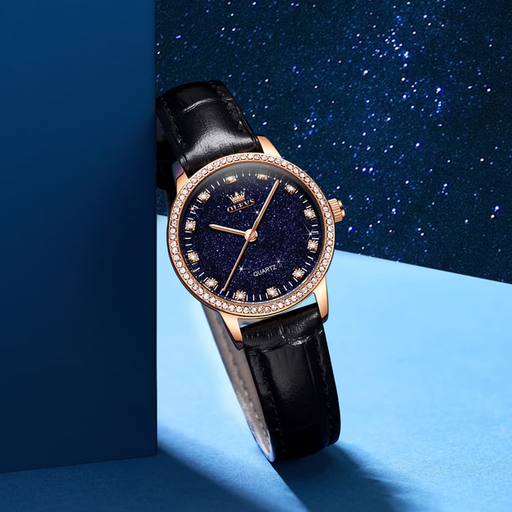 OLEVS Women Starry Sky Watch Diamond Bezel Leather Strap Quartz 5605 - Gold Black Leather Watch | Olevs Watch Store