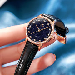 OLEVS Women Starry Sky Watch Diamond Bezel Leather Strap Quartz 5605 - Gold Black Leather Watch | Olevs Watch Store