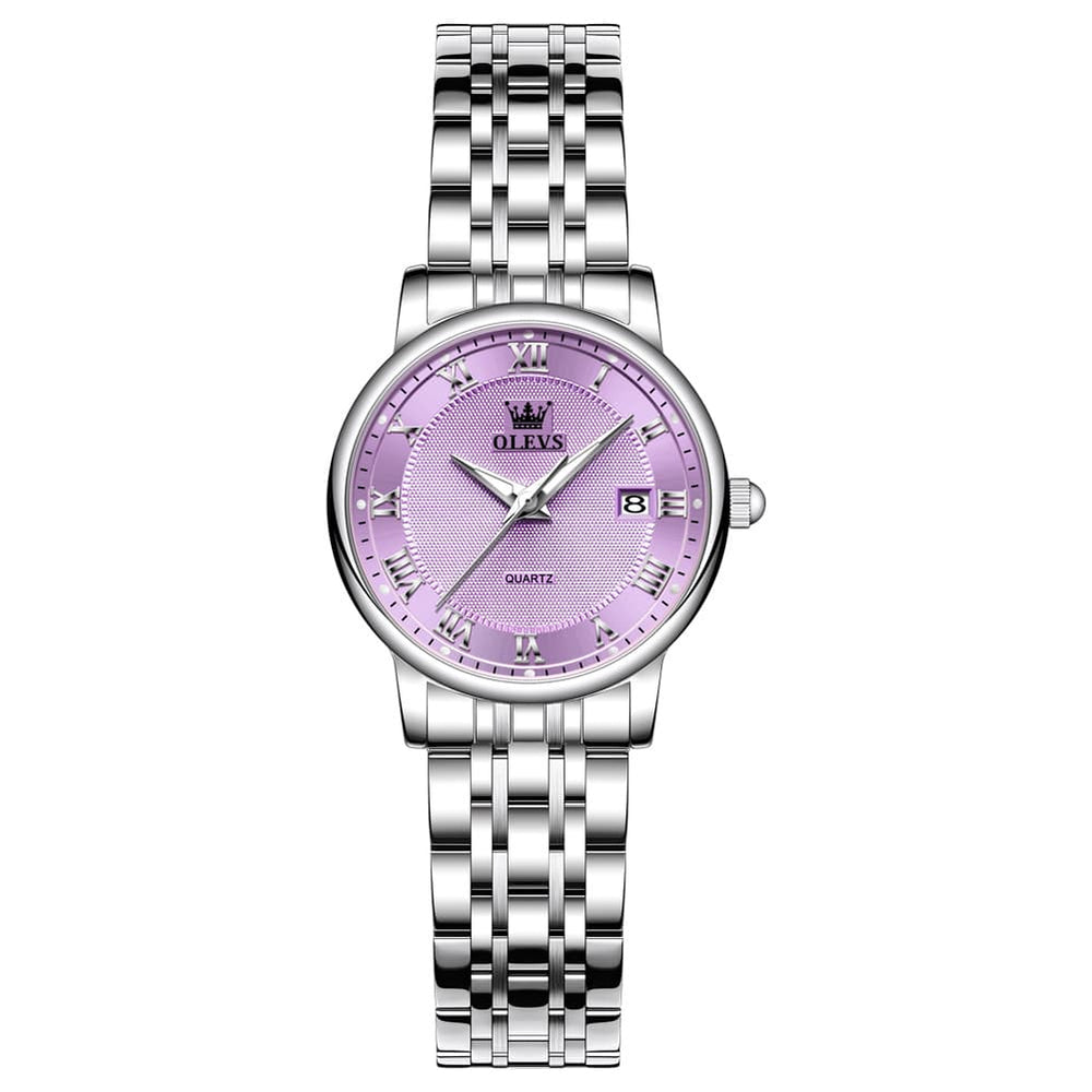 OLEVS Women Sunray Pastel Watch Petite Silver Stainless Steel Date Quartz 5611 - Silver Pink Dial Watch | Olevs Watch Store