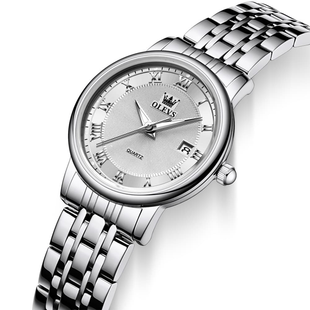 OLEVS Women Sunray Pastel Watch Petite Silver Stainless Steel Date Quartz 5611 - Silver Pink Dial Watch | Olevs Watch Store