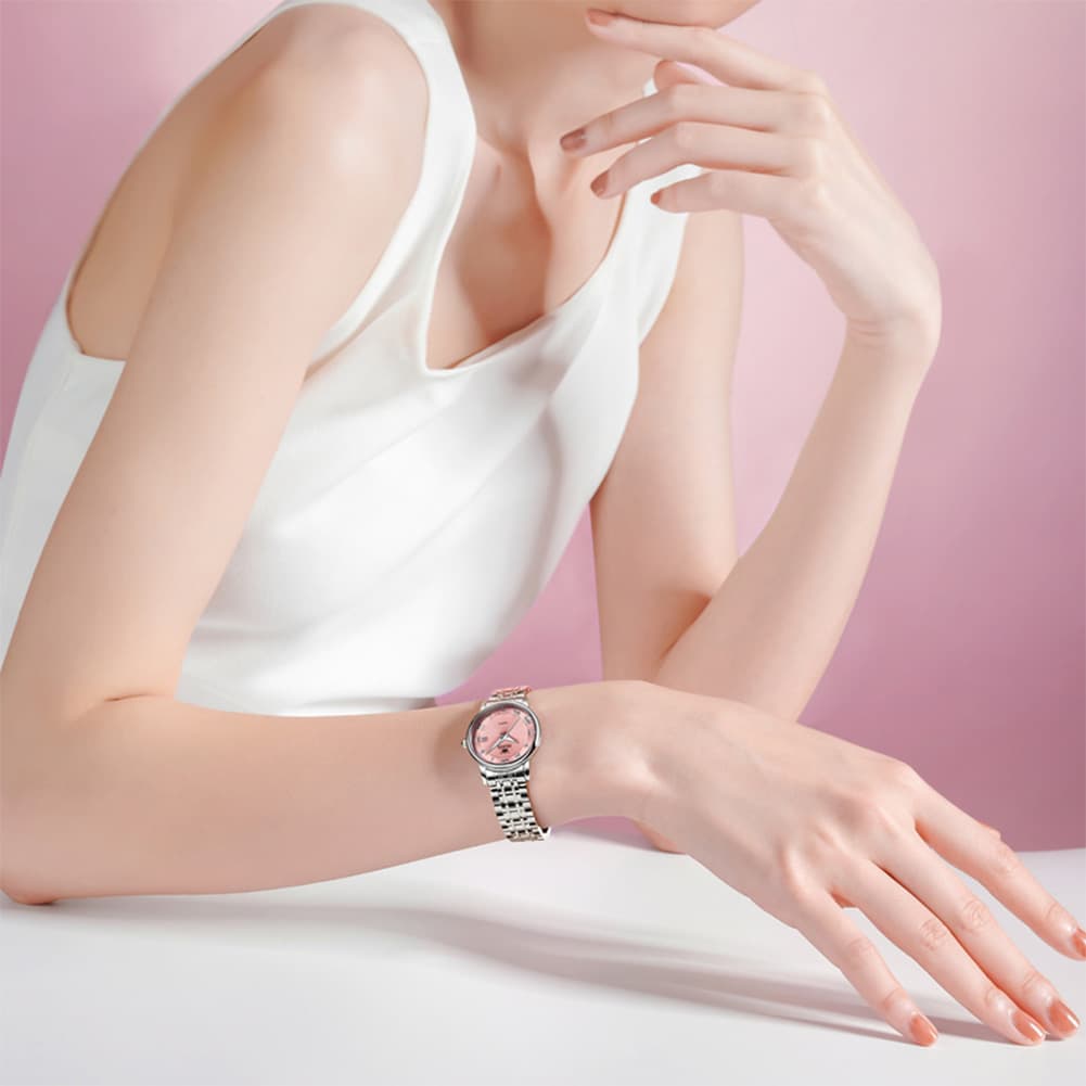 OLEVS Women Sunray Pastel Watch Petite Silver Stainless Steel Date Quartz 5611 - Silver Pink Dial Watch | Olevs Watch Store