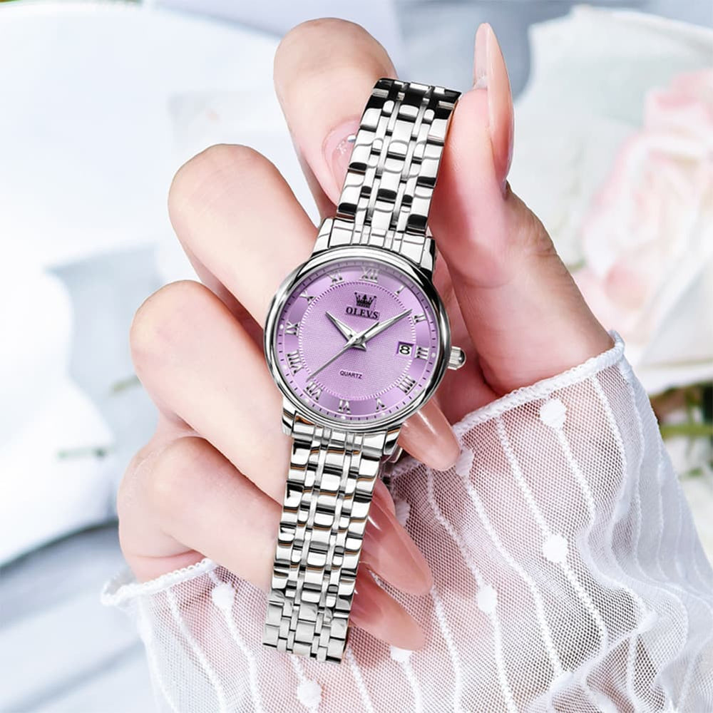 OLEVS Women Sunray Pastel Watch Petite Silver Stainless Steel Date Quartz 5611 - Silver Pink Dial Watch | Olevs Watch Store
