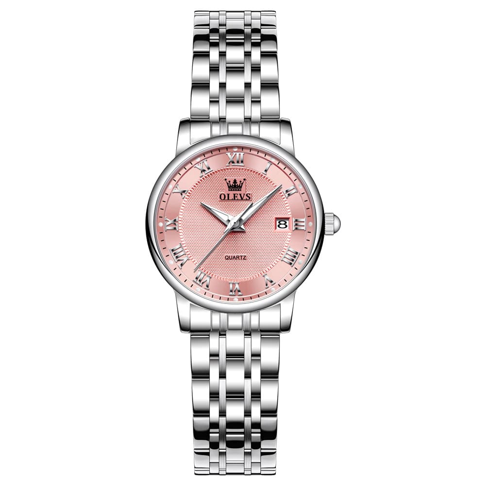 OLEVS Women Sunray Pastel Watch Petite Silver Stainless Steel Date Quartz 5611 - Silver Pink Dial Watch | Olevs Watch Store