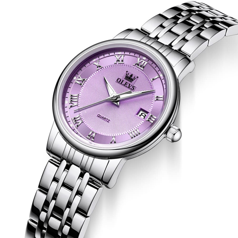 OLEVS Women Sunray Pastel Watch Petite Silver Stainless Steel Date Quartz 5611 - Silver Pink Dial Watch | Olevs Watch Store