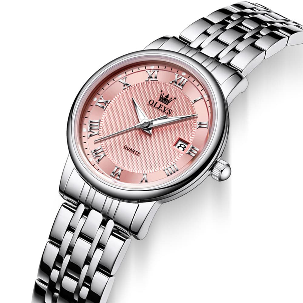 OLEVS Women Sunray Pastel Watch Petite Silver Stainless Steel Date Quartz 5611 - Silver Pink Dial Watch | Olevs Watch Store