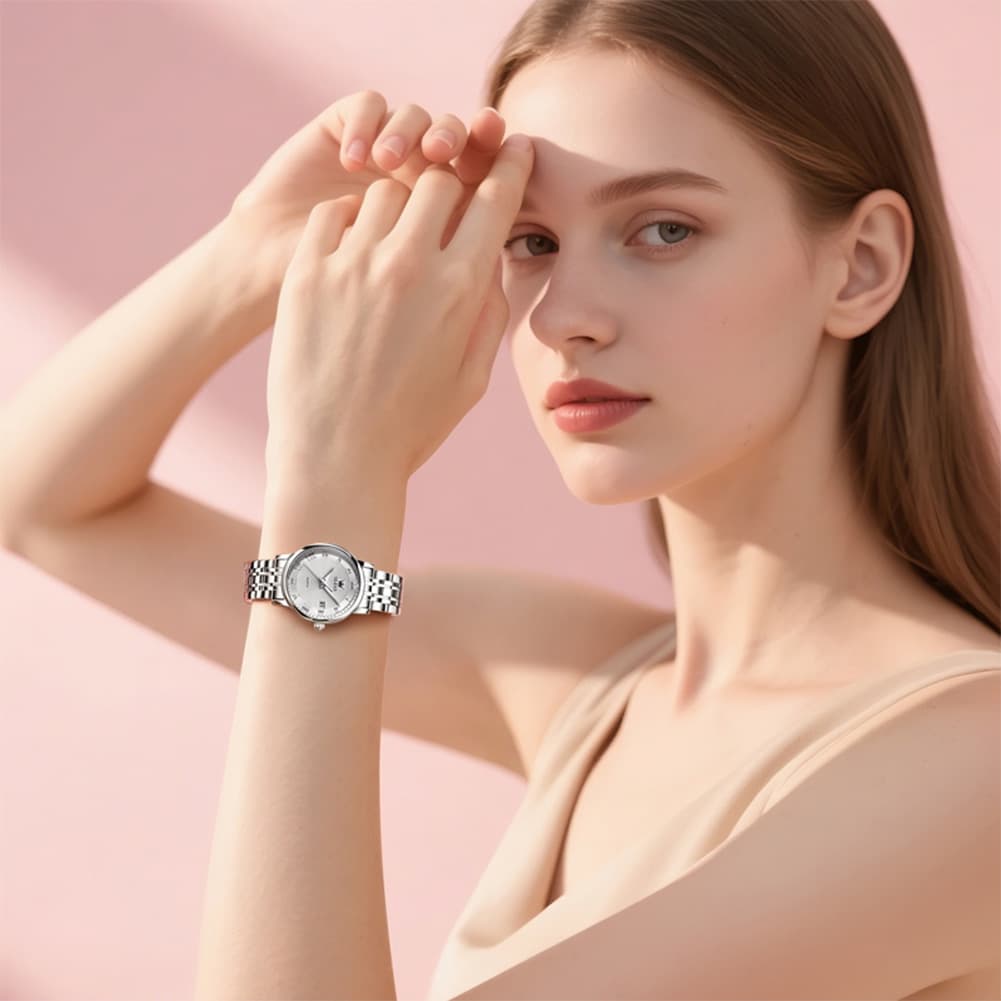 OLEVS Women Sunray Pastel Watch Petite Silver Stainless Steel Date Quartz 5611 - Silver Pink Dial Watch | Olevs Watch Store