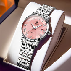 OLEVS Women Sunray Pastel Watch Petite Silver Stainless Steel Date Quartz 5611 - Silver Pink Dial Watch | Olevs Watch Store