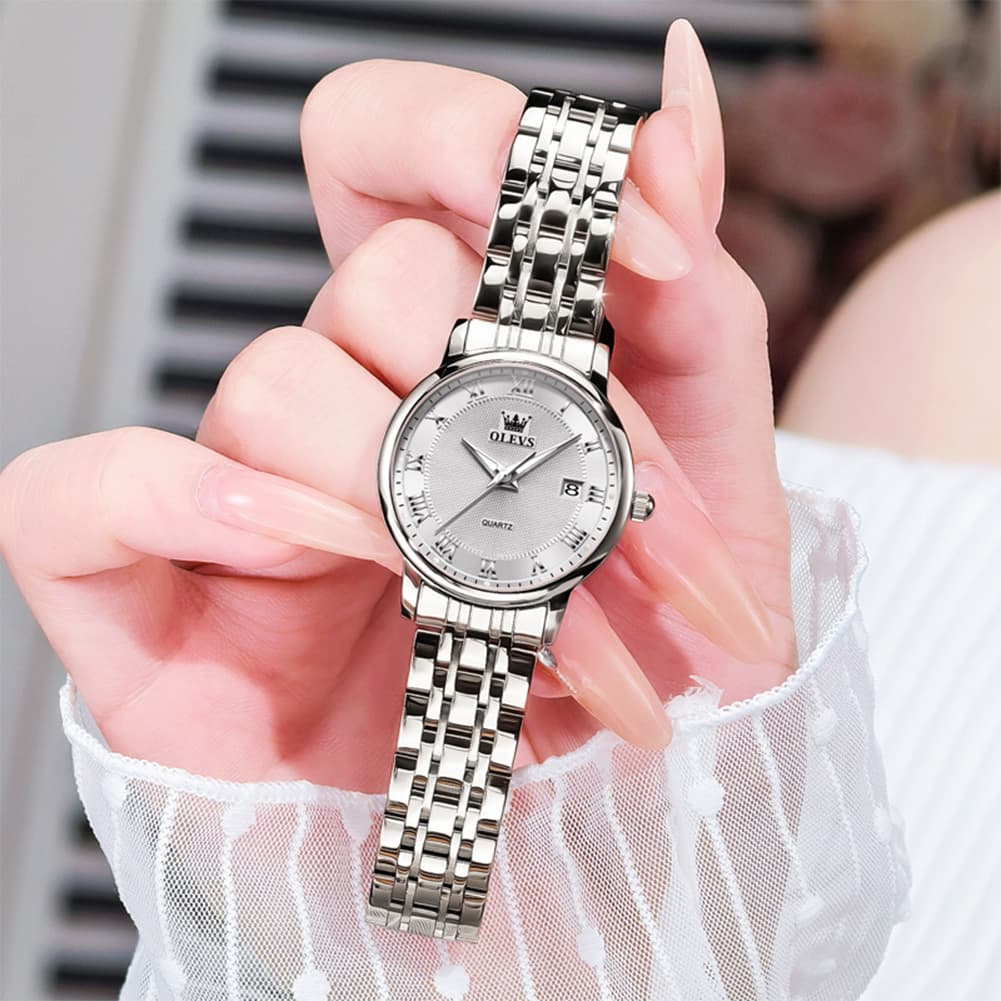 OLEVS Women Sunray Pastel Watch Petite Silver Stainless Steel Date Quartz 5611 - Silver Pink Dial Watch | Olevs Watch Store