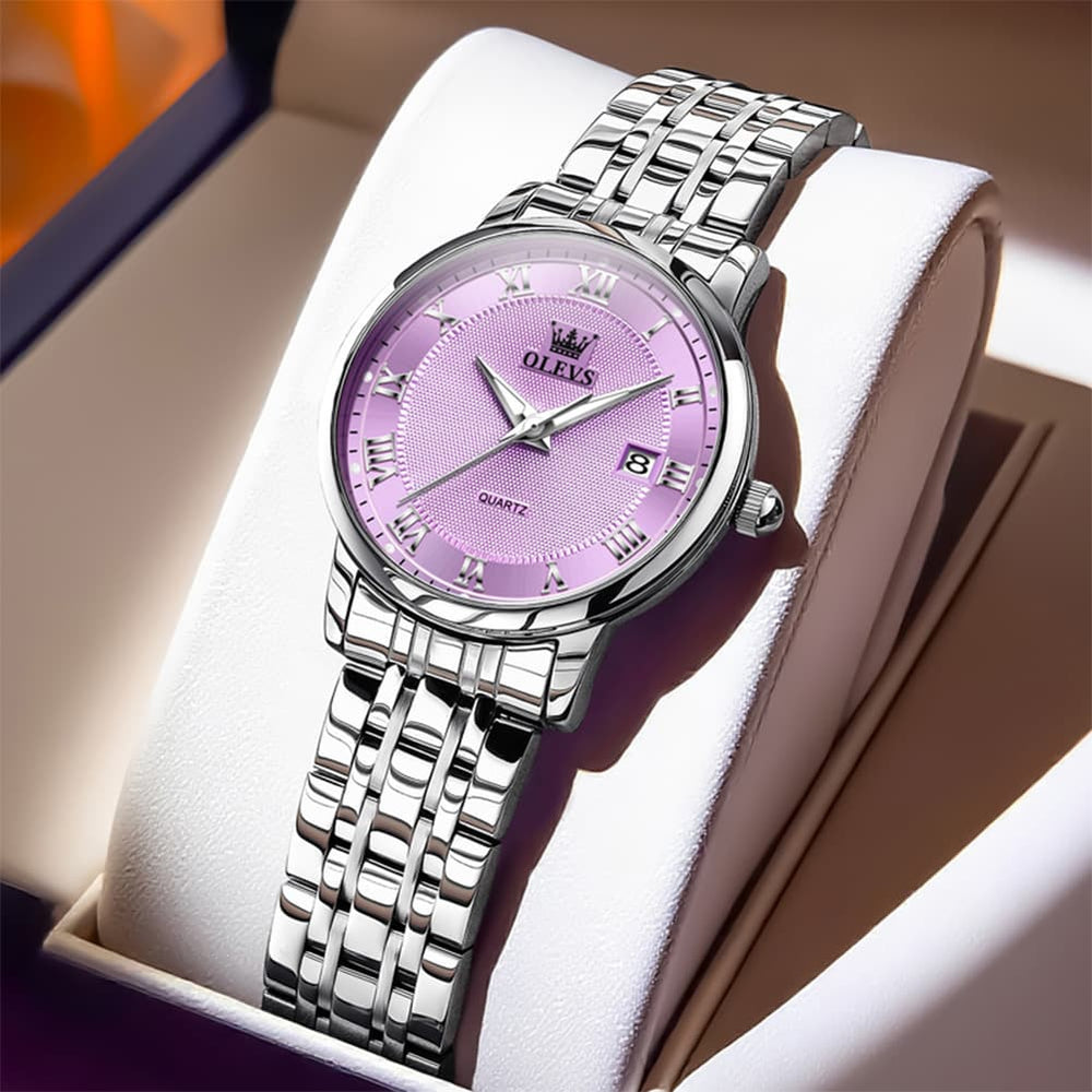 OLEVS Women Sunray Pastel Watch Petite Silver Stainless Steel Date Quartz 5611 - Silver Purple Dial Watch | Olevs Watch Store