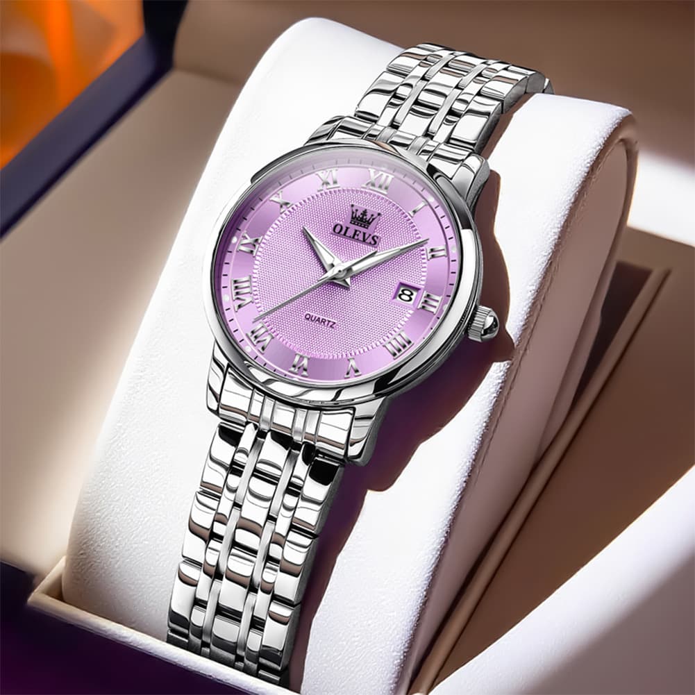 OLEVS Women Sunray Pastel Watch Petite Silver Stainless Steel Date Quartz 5611 - Silver Purple Dial Watch | Olevs Watch Store