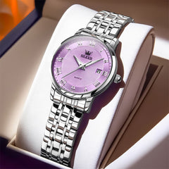 OLEVS Women Sunray Pastel Watch Petite Silver Stainless Steel Date Quartz 5611 - Silver Purple Dial Watch | Olevs Watch Store