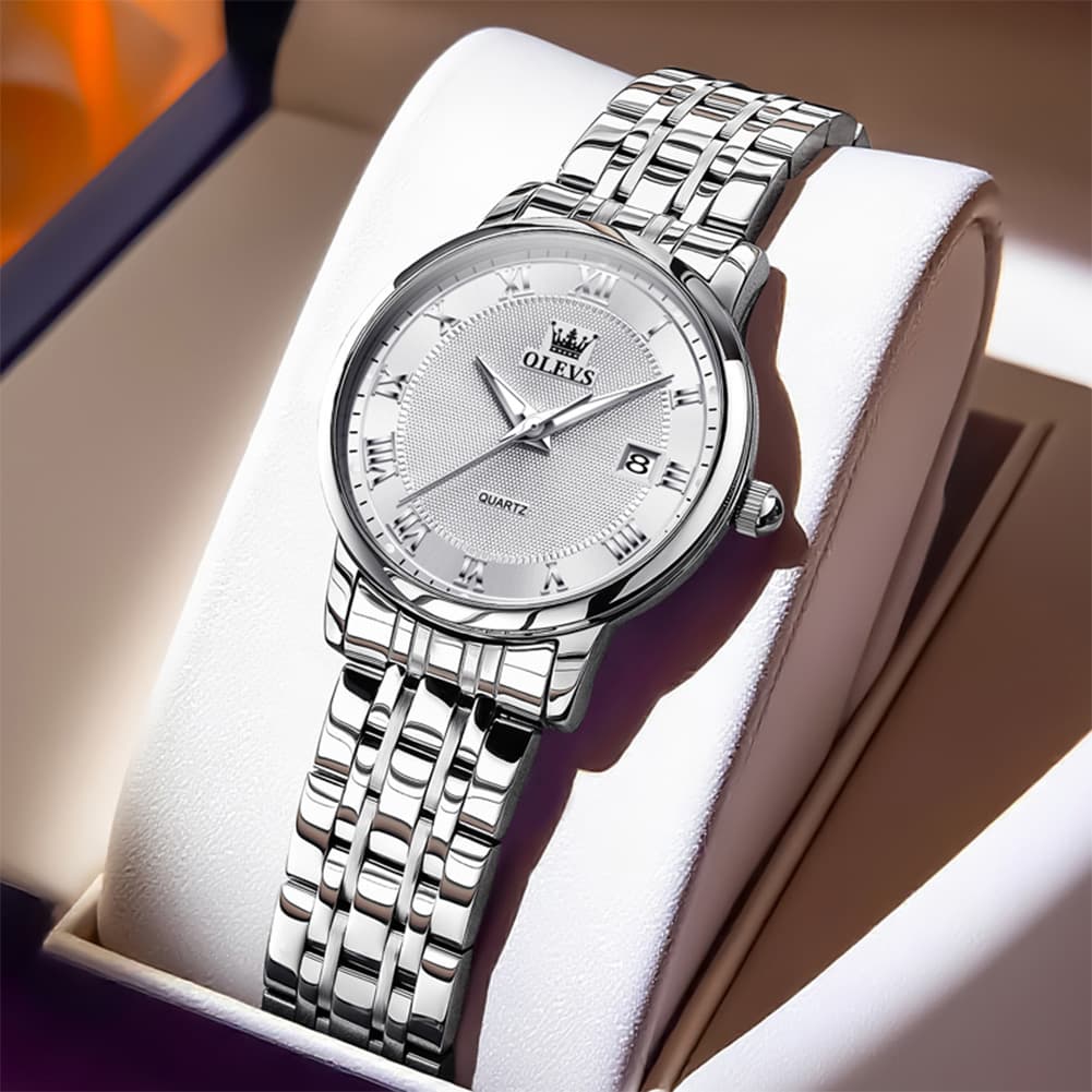 OLEVS Women Sunray Pastel Watch Petite Silver Stainless Steel Date Quartz 5611 - Silver White Dial Watch | Olevs Watch Store