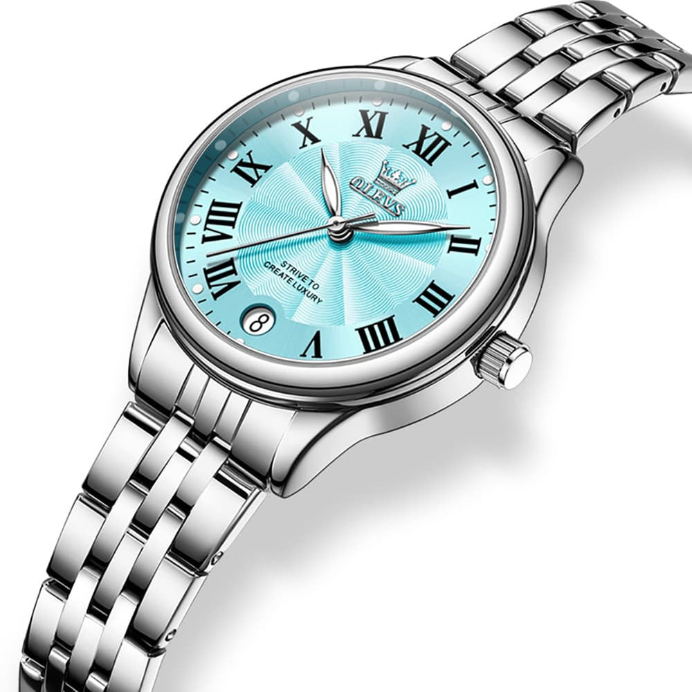 OLEVS Women Tiffany Blue Watch Roman Numeral Silver Stainless Steel Date Quartz 5600 - Olevs Watch Store