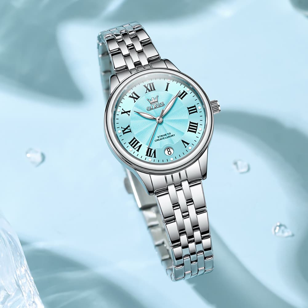 OLEVS Women Tiffany Blue Watch Roman Numeral Silver Stainless Steel Date Quartz 5600 - Silver Pink Dial | Olevs Watch Store