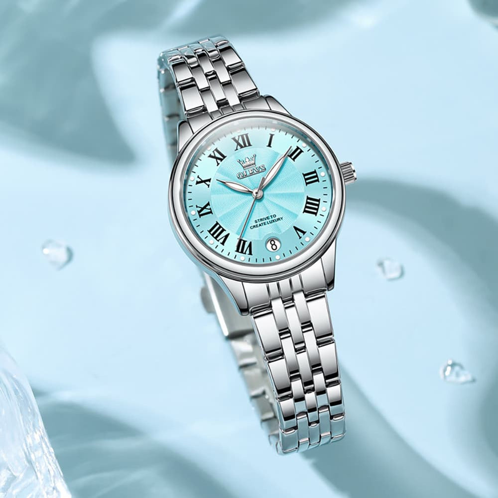 OLEVS Women Tiffany Blue Watch Roman Numeral Silver Stainless Steel Date Quartz 5600 - Silver Pink Dial | Olevs Watch Store