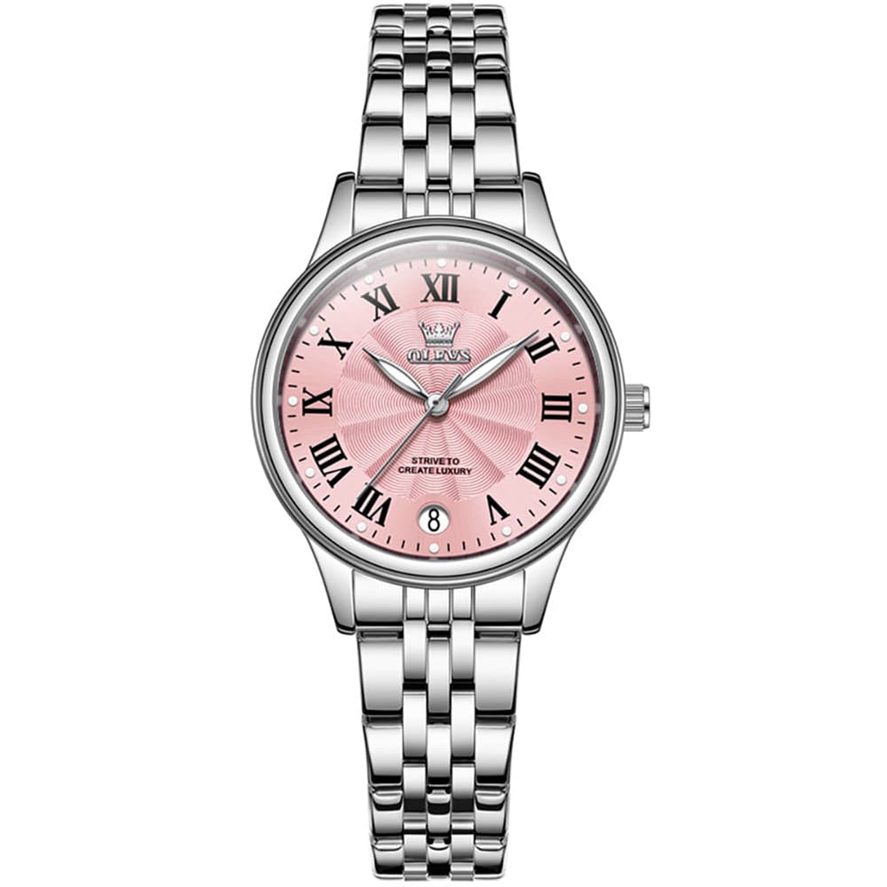 OLEVS Women Tiffany Blue Watch Roman Numeral Silver Stainless Steel Date Quartz 5600 - Silver Pink Dial | Olevs Watch Store