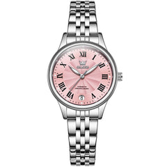 OLEVS Women Tiffany Blue Watch Roman Numeral Silver Stainless Steel Date Quartz 5600 - Silver Pink Dial | Olevs Watch Store
