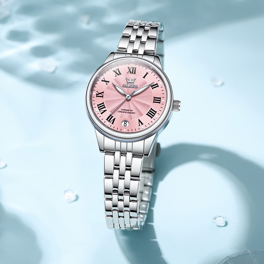 OLEVS Women Tiffany Blue Watch Roman Numeral Silver Stainless Steel Date Quartz 5600 - Silver Pink Dial | Olevs Watch Store
