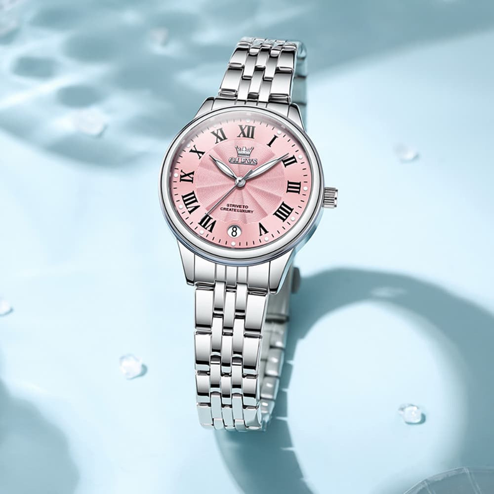 OLEVS Women Tiffany Blue Watch Roman Numeral Silver Stainless Steel Date Quartz 5600 - Silver Pink Dial | Olevs Watch Store
