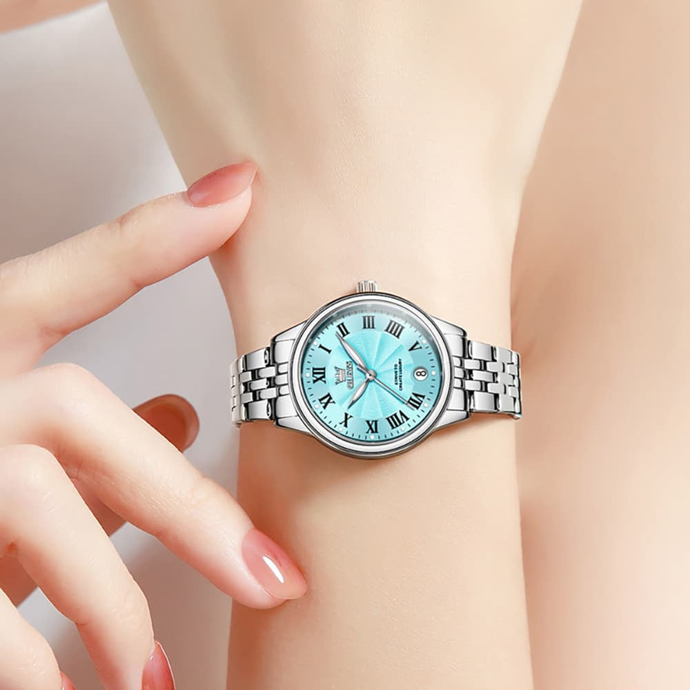 OLEVS Women Tiffany Blue Watch Roman Numeral Silver Stainless Steel Date Quartz 5600 - Silver Pink Dial | Olevs Watch Store