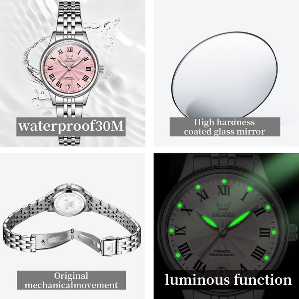 OLEVS Women Tiffany Blue Watch Roman Numeral Silver Stainless Steel Date Quartz 5600 - Silver Pink Dial | Olevs Watch Store