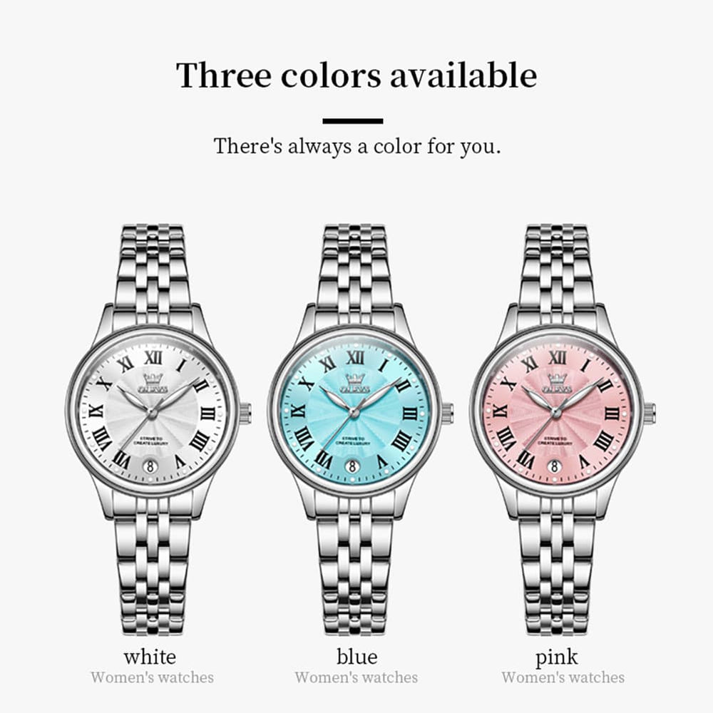 OLEVS Women Tiffany Blue Watch Roman Numeral Silver Stainless Steel Date Quartz 5600 - Silver Pink Dial | Olevs Watch Store